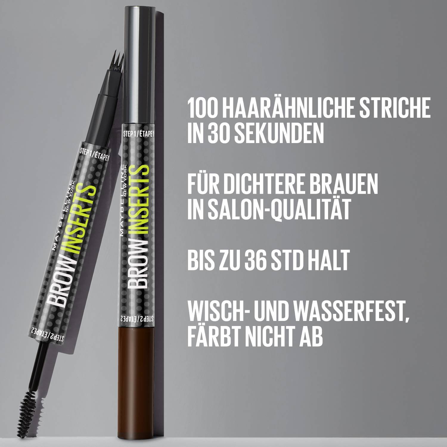 Produktabbildung des Augenbrauenstifts mit den Benefits bis zu 36 Stunden Halt, Wasserfestigkeit und Salon-Qualität.