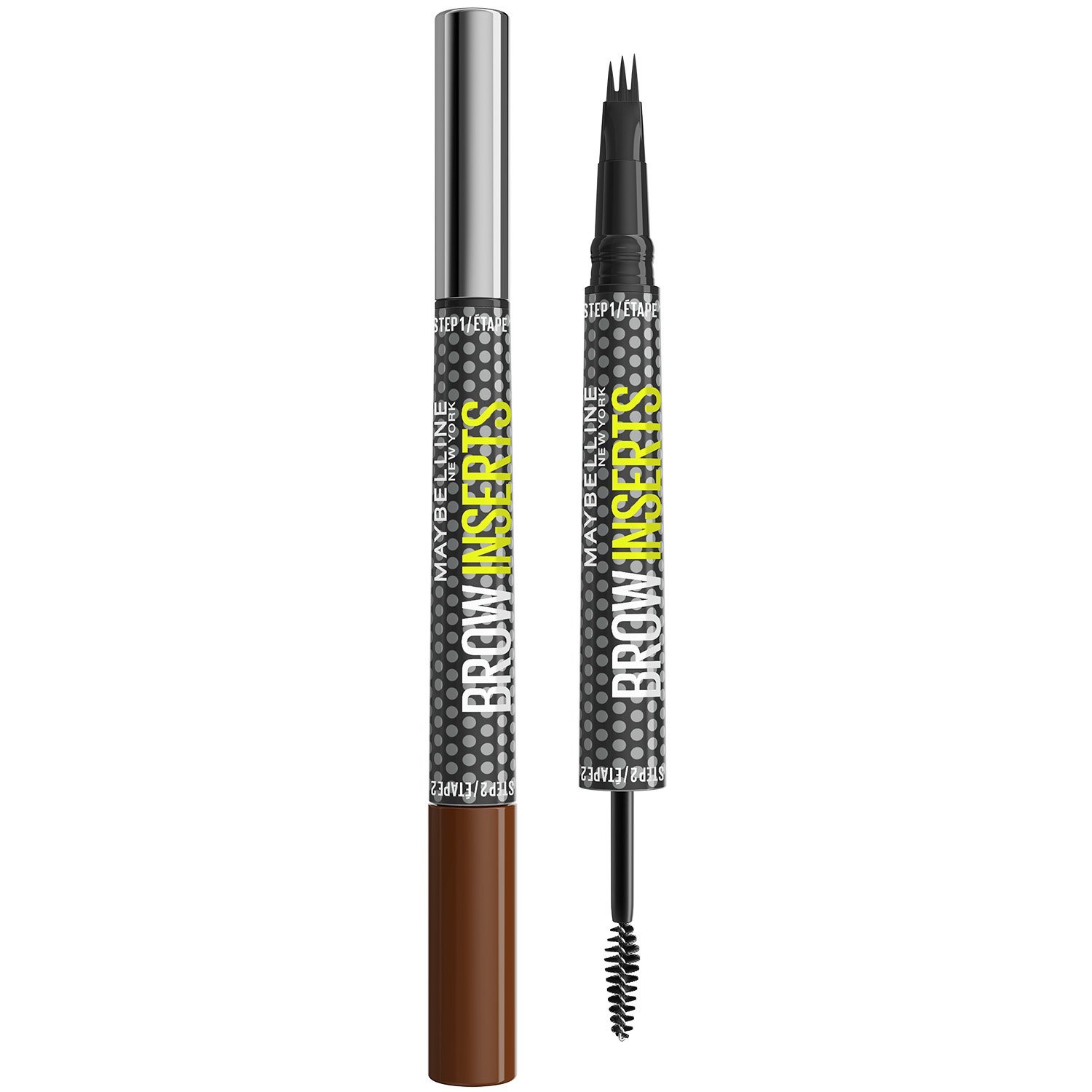 Zwei Maybelline Brow Inserts Augenbrauenstifte geschlossen und geöffnet vor weißem Hintergrund