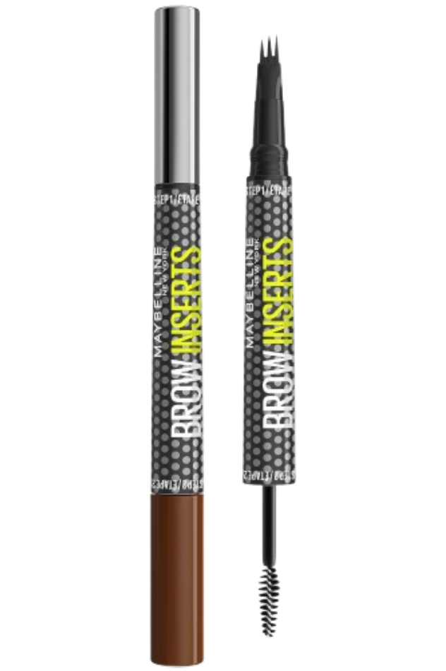 Zwei Maybelline Brow Inserts Augenbrauenstifte geschlossen und geöffnet vor weißem Hintergrund