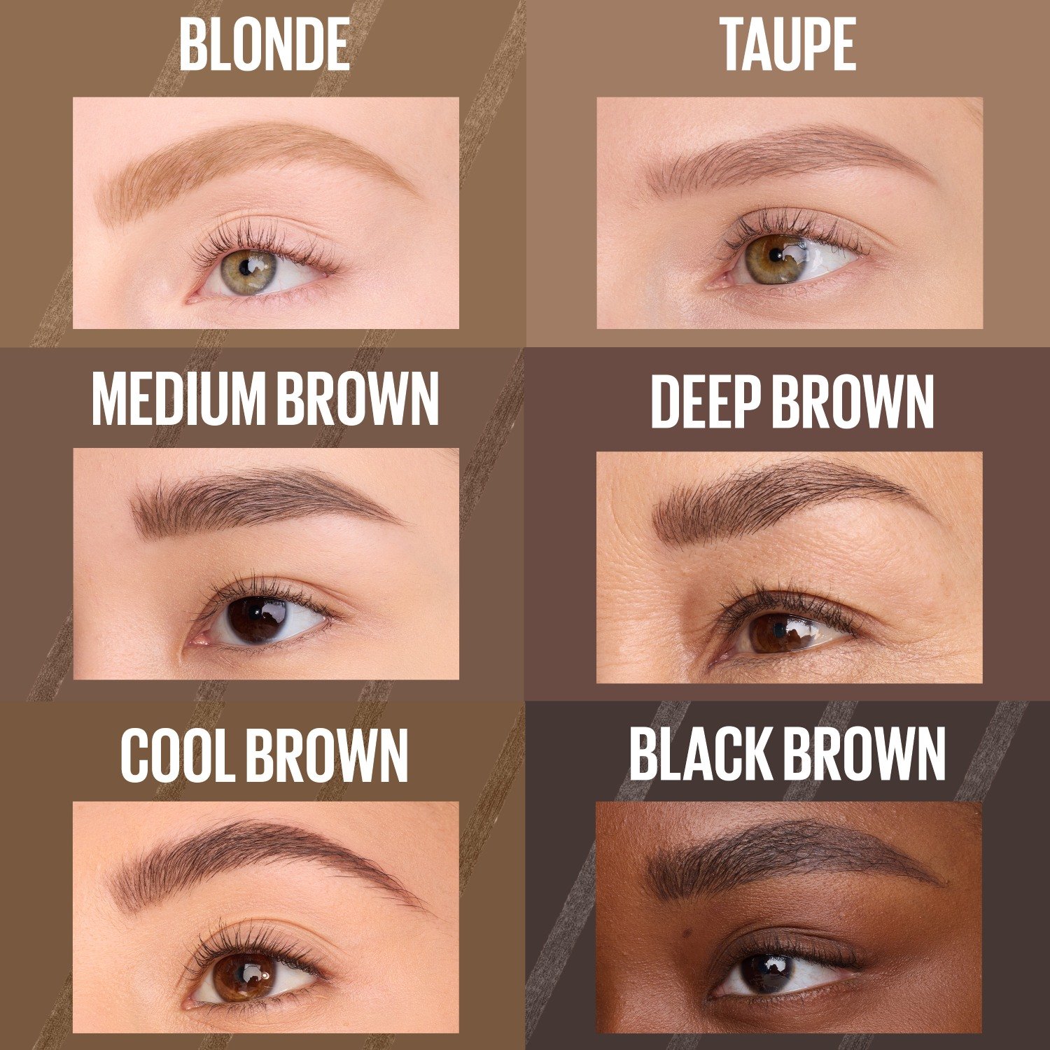 Onze sourcils illustrant les différentes nuances du crayon à sourcils Brow Ultra Slim