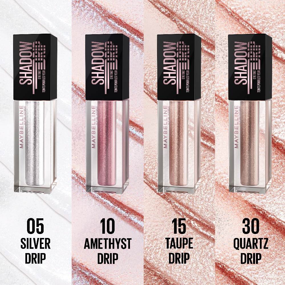Produktübersicht der vier schimmernden Nuancen Silver Drip, Amethyst Drip, Taupe Drip und Quartz Drip des Chroma Liquid Eyeshadow.