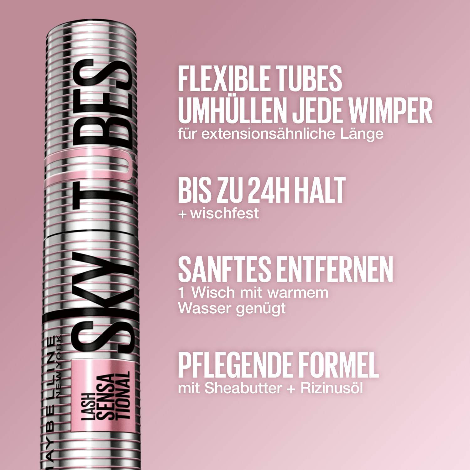 Die Maybelline Sky High Mascara wird mit ihren Hauptvorteilen wie 24 Stunden Halt und einer pflegenden Formel mit Rizinusöl präsentiert.