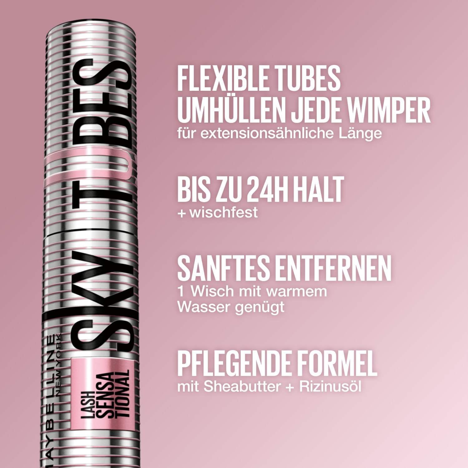 Die Maybelline Sky High Mascara wird mit ihren Hauptvorteilen wie 24 Stunden Halt und einer pflegenden Formel mit Rizinusöl präsentiert.