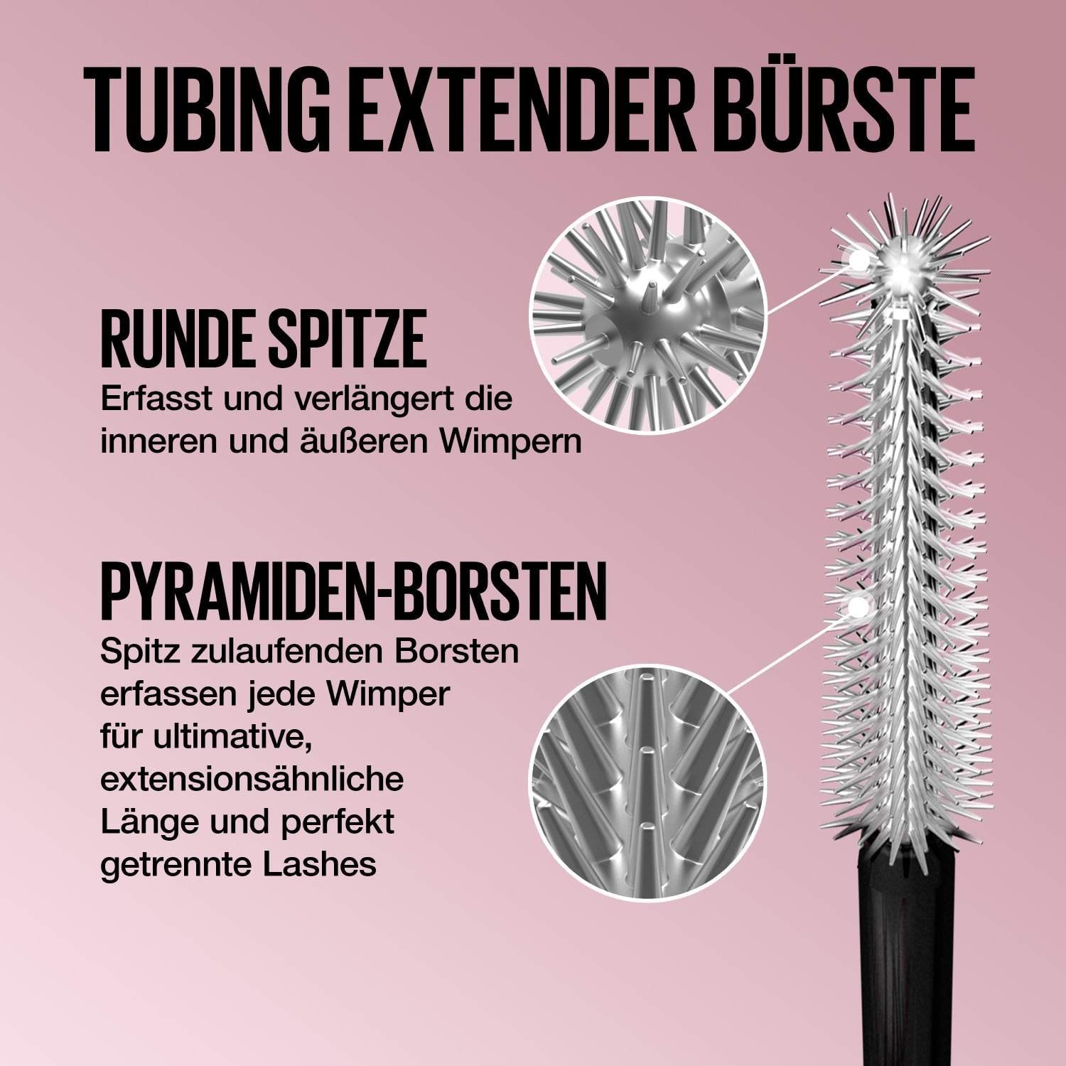 Grafik erläutert die Vorteile der Tubing Extender Bürste mit ihrer runden Spitze und den speziellen Pyramiden-Borsten.