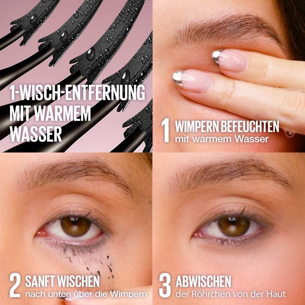 Drei-Schritt-Anleitung zeigt die mühelose Entfernung der Mascara mit nur warmem Wasser