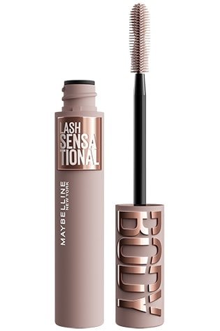 Un tube de mascara Lash Sensational Body ouvert avec sa brosse posée verticalement à côté.