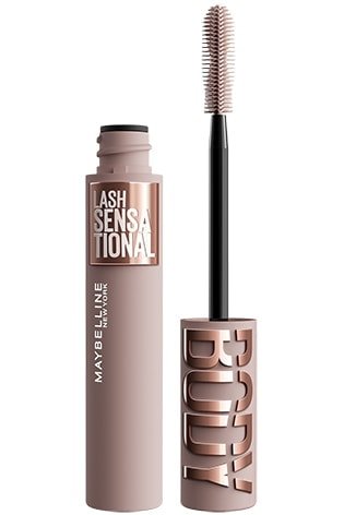 Un tube de mascara Lash Sensational Body ouvert avec sa brosse posée verticalement à côté.