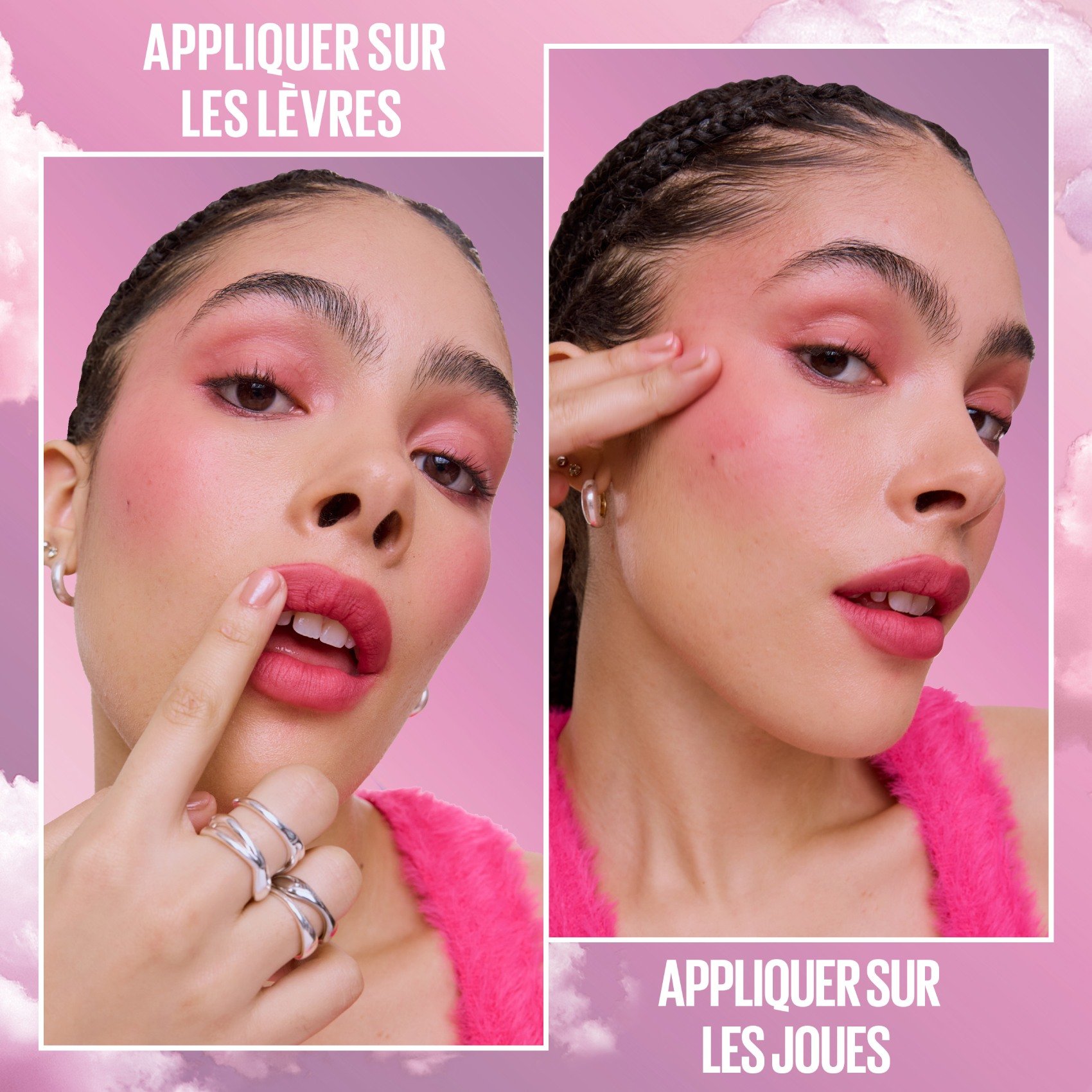 Deux photos d'une femme sur fond rose, en train d'appliquer du Cloudpoia sur ses lèvres et ses joues