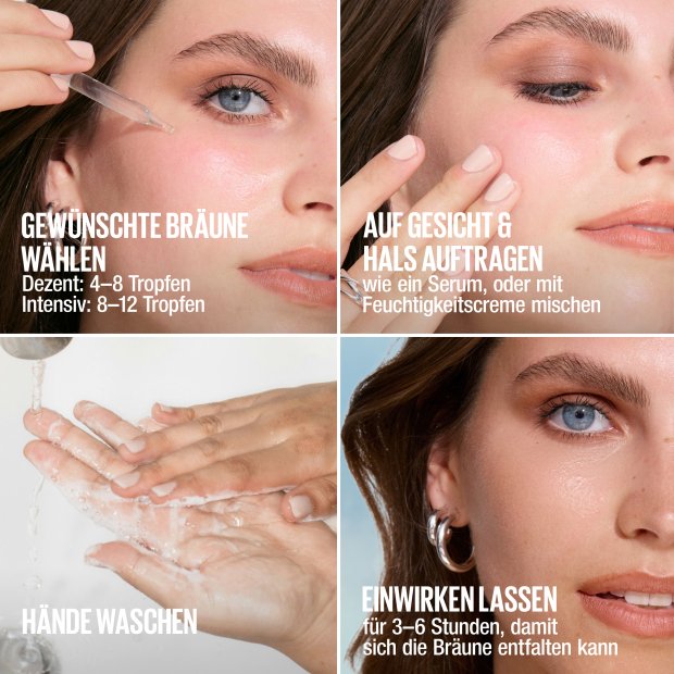 Vier Bilder erklären die Dosierung, das Auftragen, das Händewaschen und die Einwirkzeit der Tanning Drops.