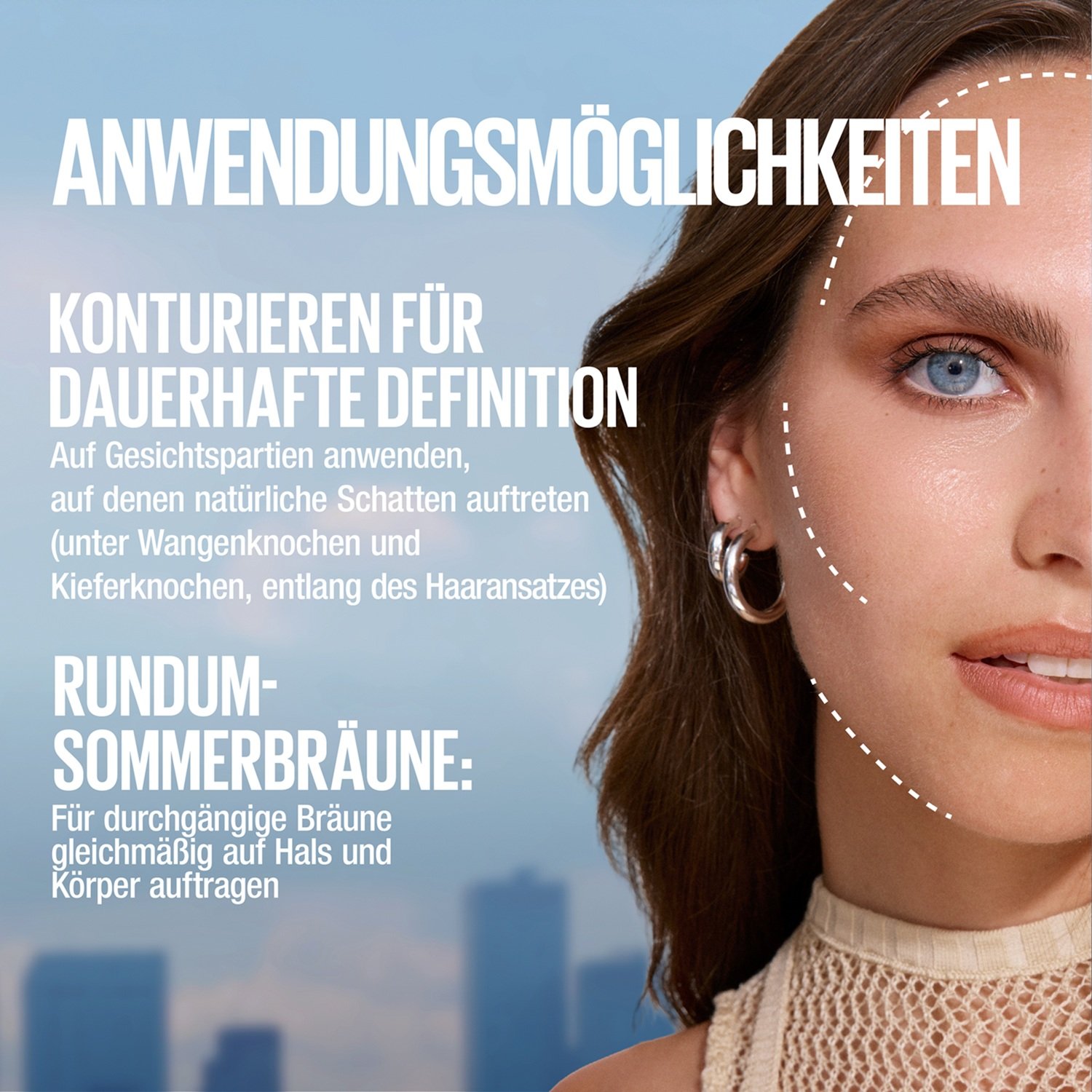 Eine Grafik zeigt die Anwendung der Drops zum Konturieren und für eine vollflächige Sommerbräune im Gesicht.