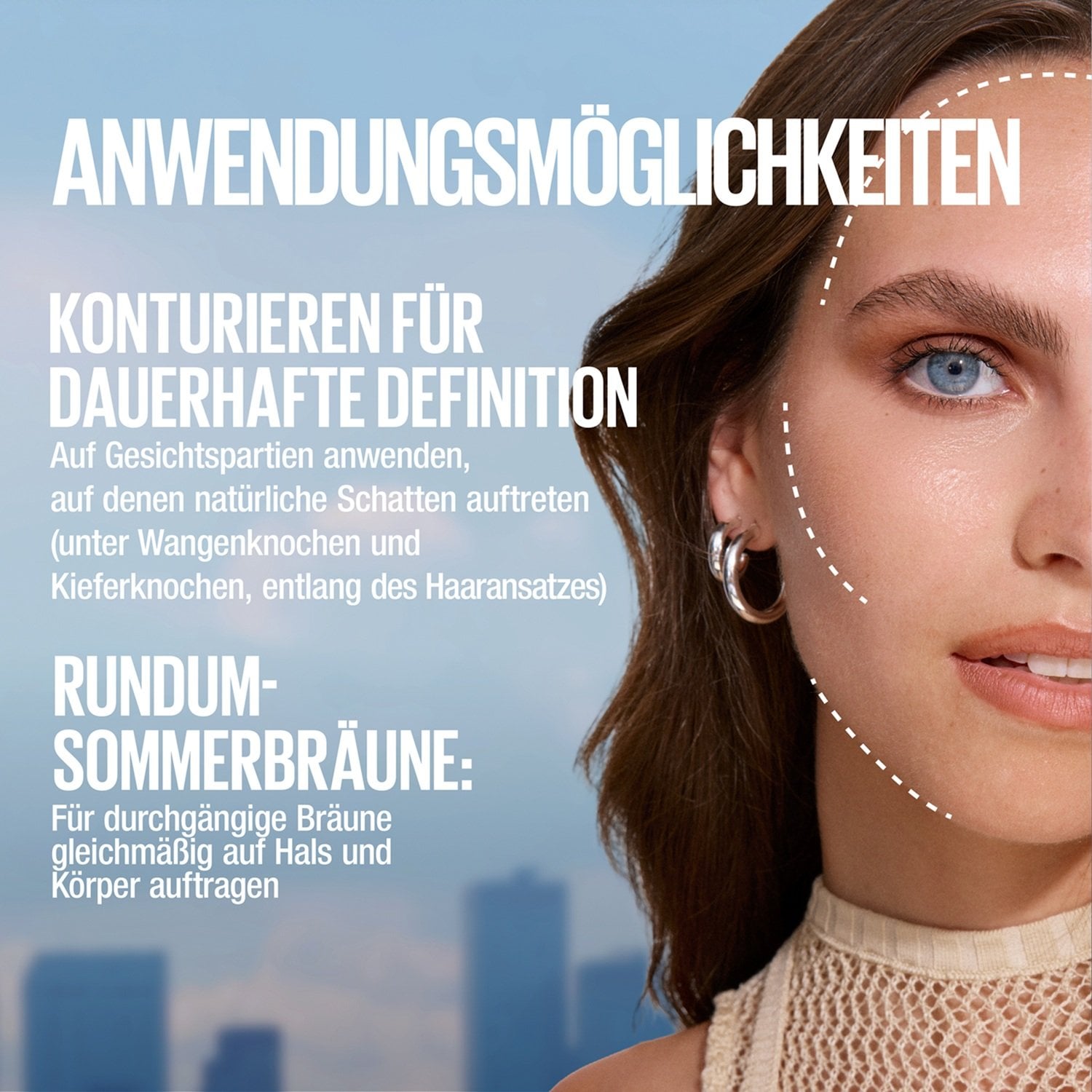 Eine Grafik zeigt die Anwendung der Drops zum Konturieren und für eine vollflächige Sommerbräune im Gesicht.