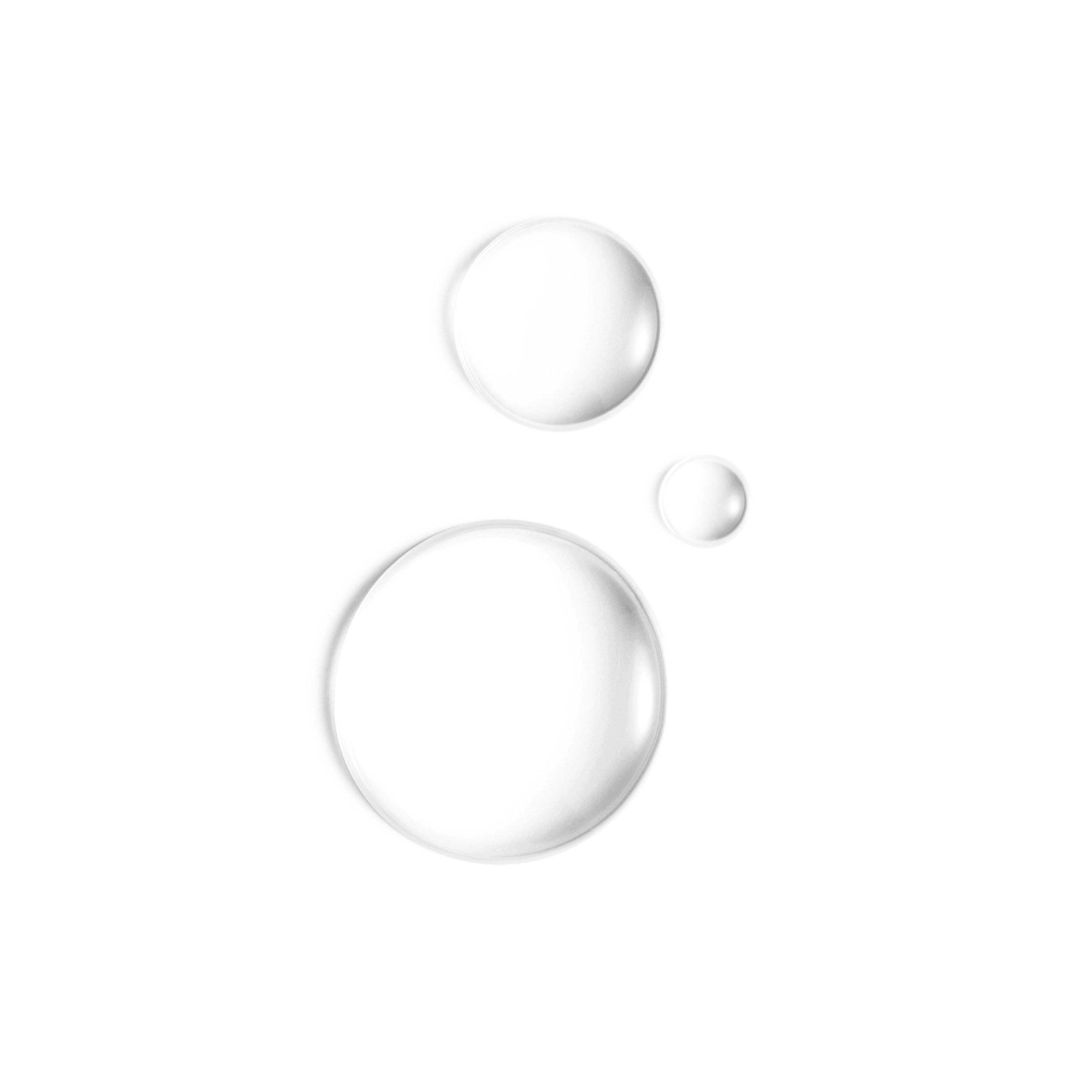 Trois gouttes de sérum transparentes et circulaires, de tailles différentes, sur fond blanc.