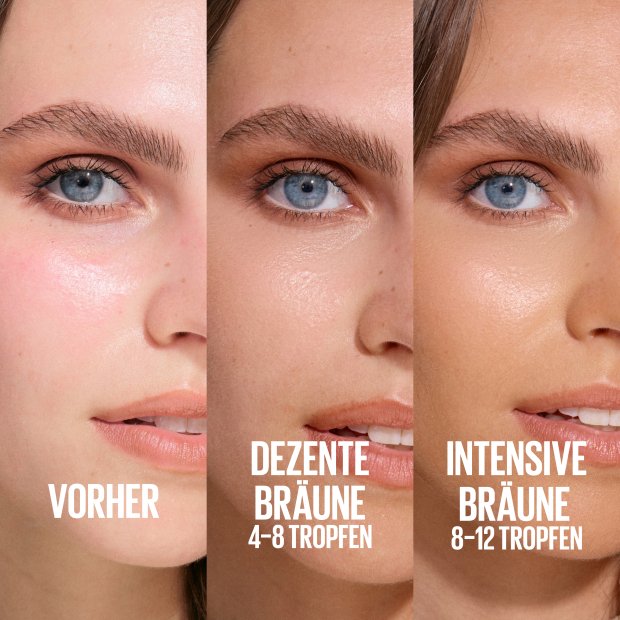 3 Bilder im Vergleich: ohne Produkt, dezente Bräune (4-8 Tropfen), intensive Bräune (8-12).