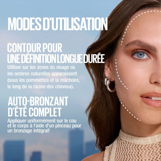 Une illustration montre comment utiliser les gouttes pour sculpter les traits et obtenir un bronzage estival sur l'ensemble du visage.
