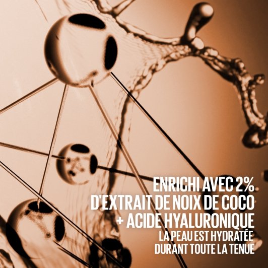 Représentation abstraite de molécules d'eau en marron, accompagnée de la mention « Avec 2 % d'extrait de noix de coco + acide hyaluronique »