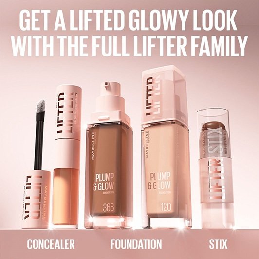Un correcteur Lifter, deux fonds de teint Lifter Plump & Glow (clair/foncé) et un stick contour Lifter sur fond rose poudré.