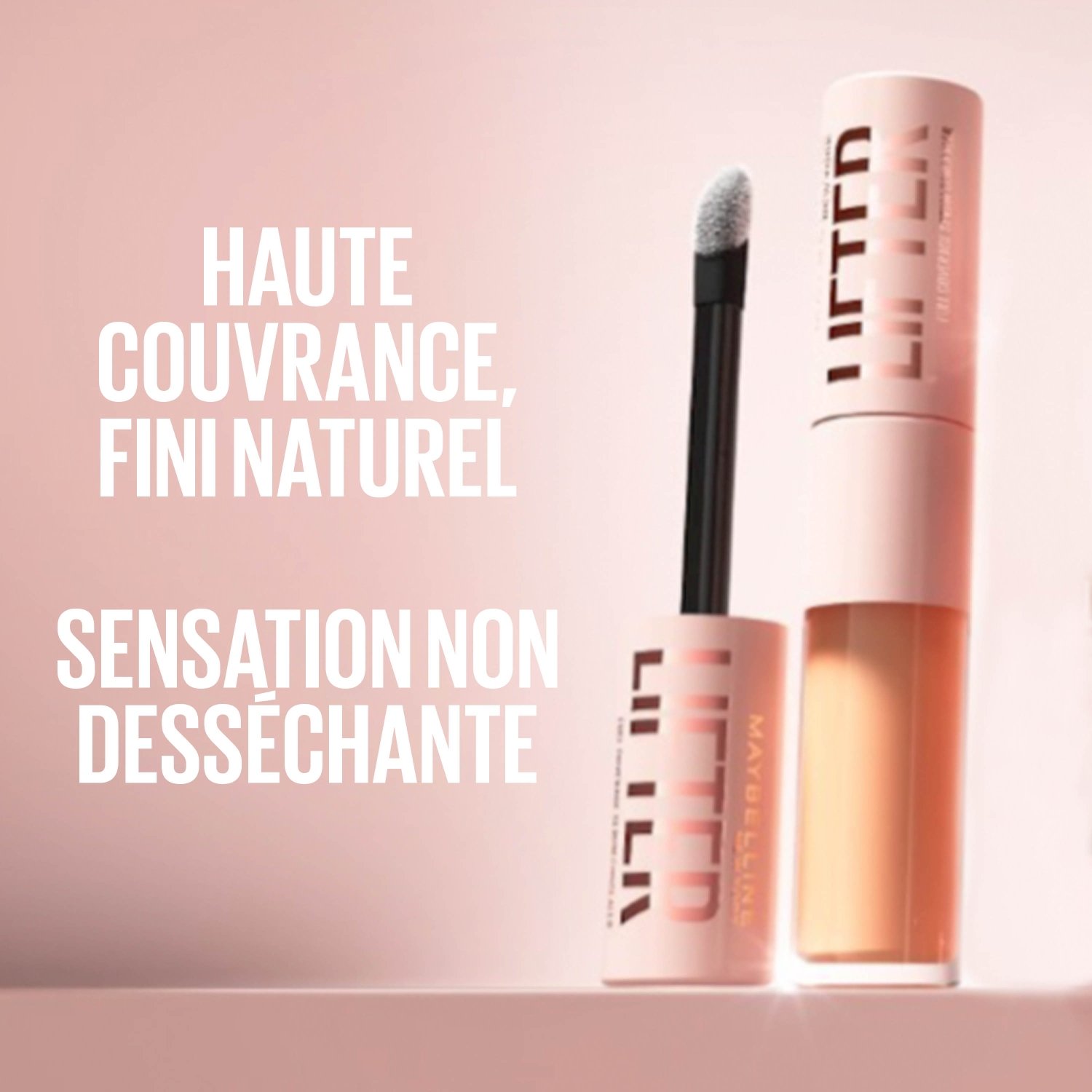 Anti-cernes Lifter ouvert, avec les mentions « Couvrance totale et éclatante » et « Ne dessèche pas la peau »