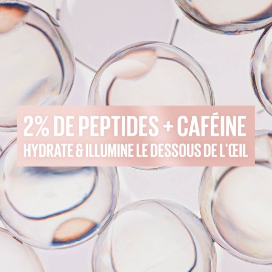 Structure cellulaire accompagnée de la mention « 2 % de peptides + caféine : atténue durablement les cernes »
