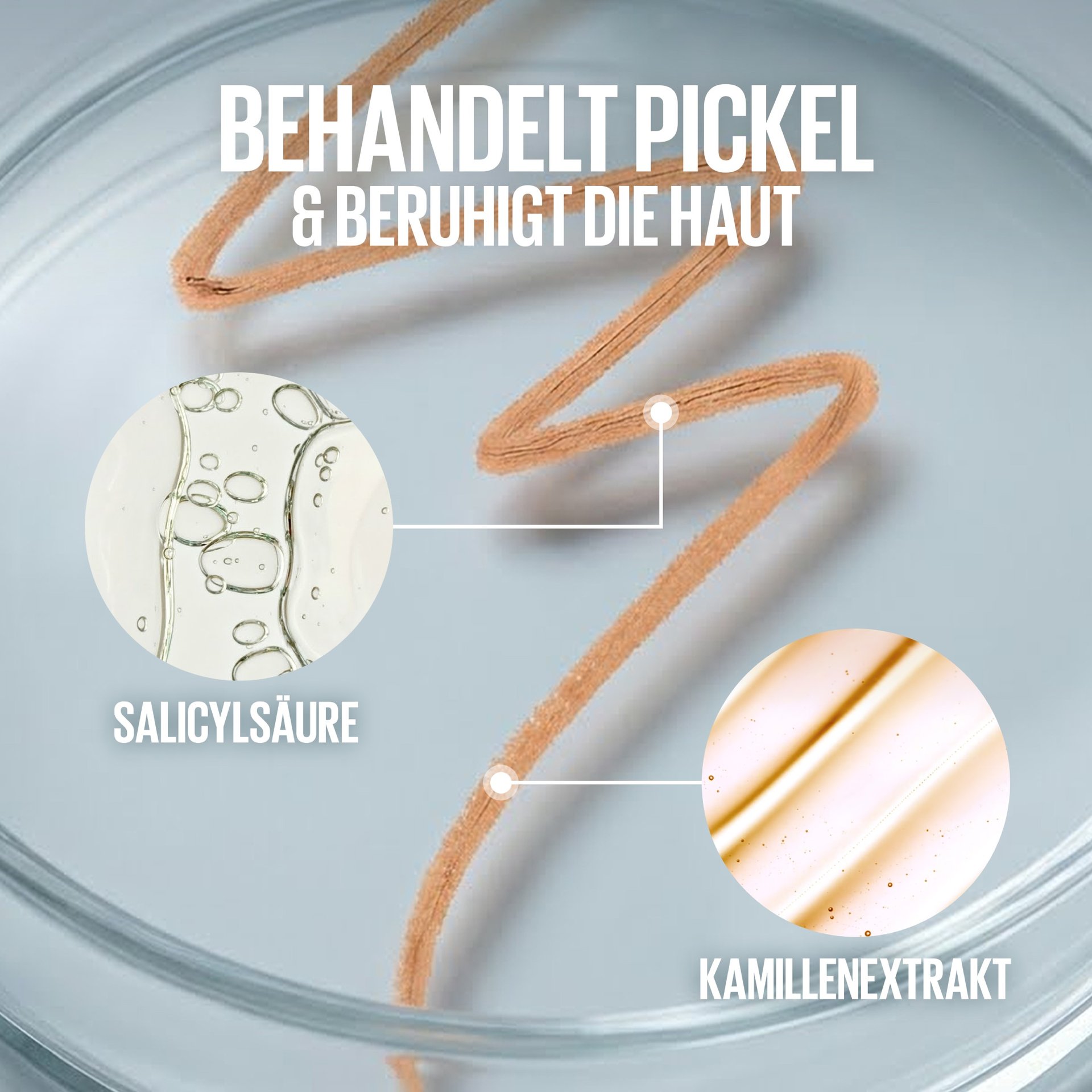 Grafische Darstellung von Salicylsäure und Kamillenextrakt zur gezielten Behandlung von Hautunreinheiten