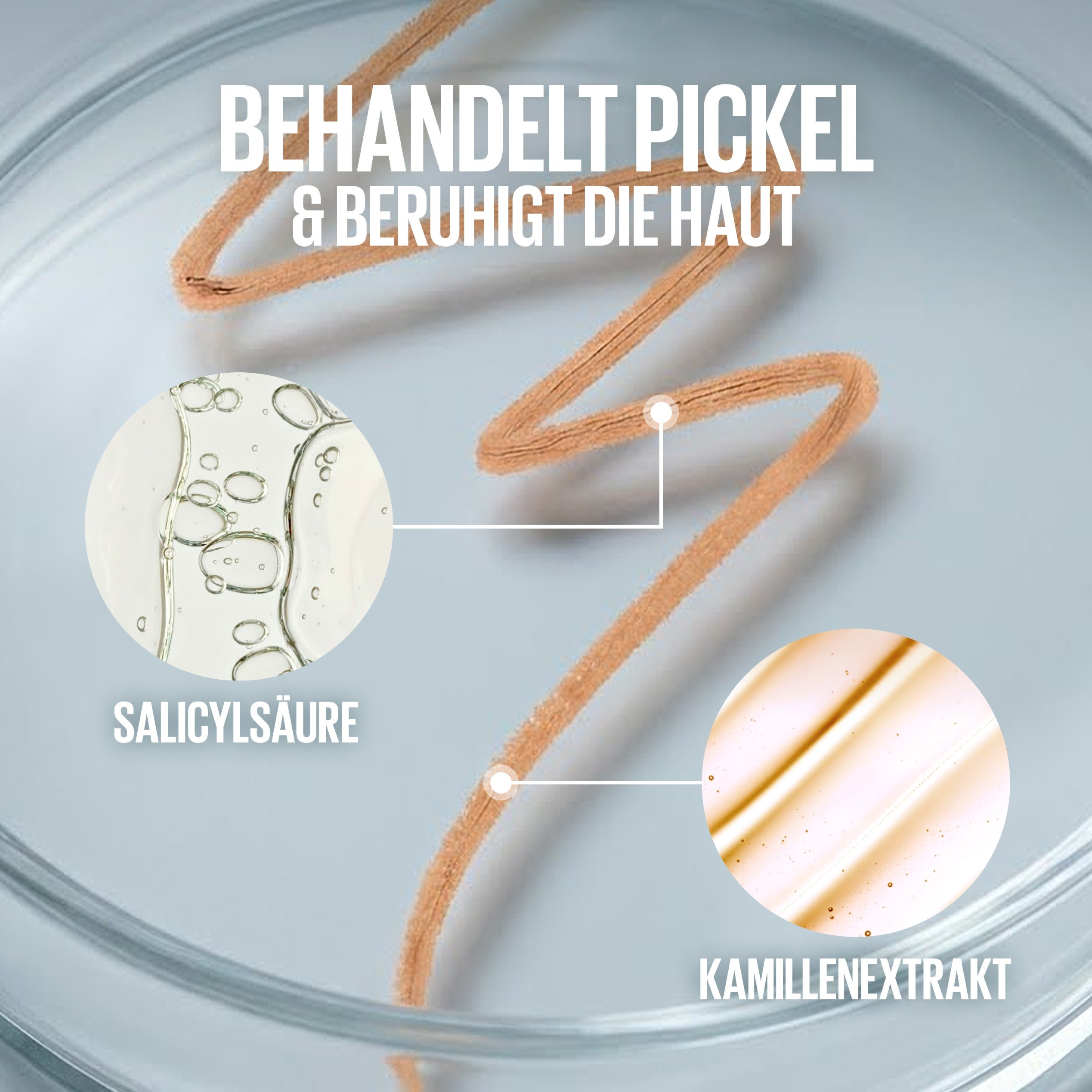 Grafische Darstellung von Salicylsäure und Kamillenextrakt zur gezielten Behandlung von Hautunreinheiten
