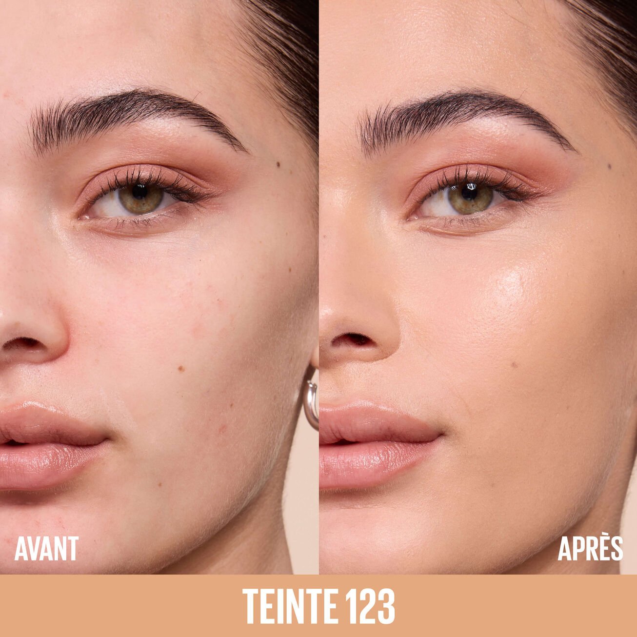 Moitié gauche du visage d’une femme avant et après l’application du fond de teint Lifter Foundation en teinte 123.