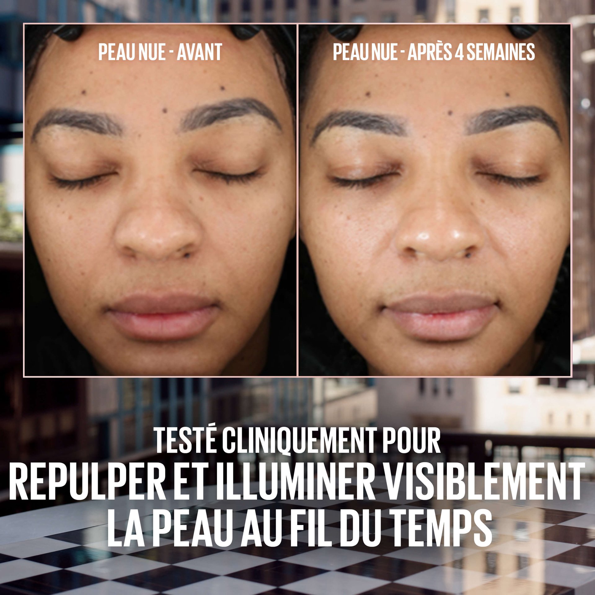 Visuel avant-après d'un visage de femme non maquillé (yeux fermés), avant et après l'application du fond de teint Lifter Plump & Glow.