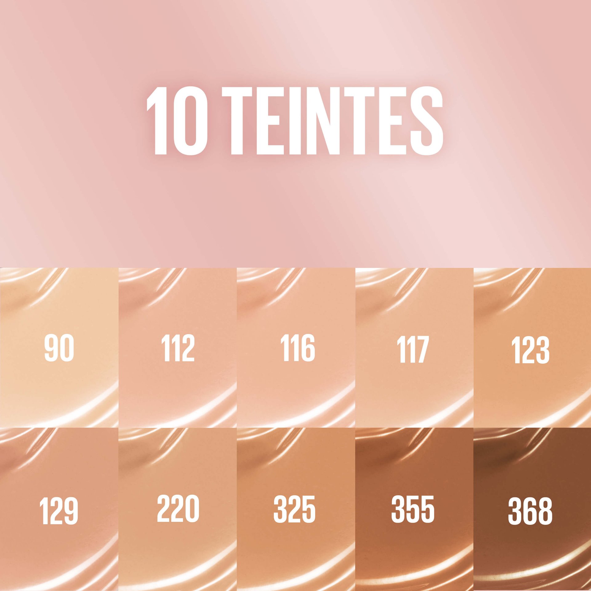 10 teintes du fond de teint Lifter Plump & Glow présentées sous forme de grille avec leurs numéros de nuances respectifs.