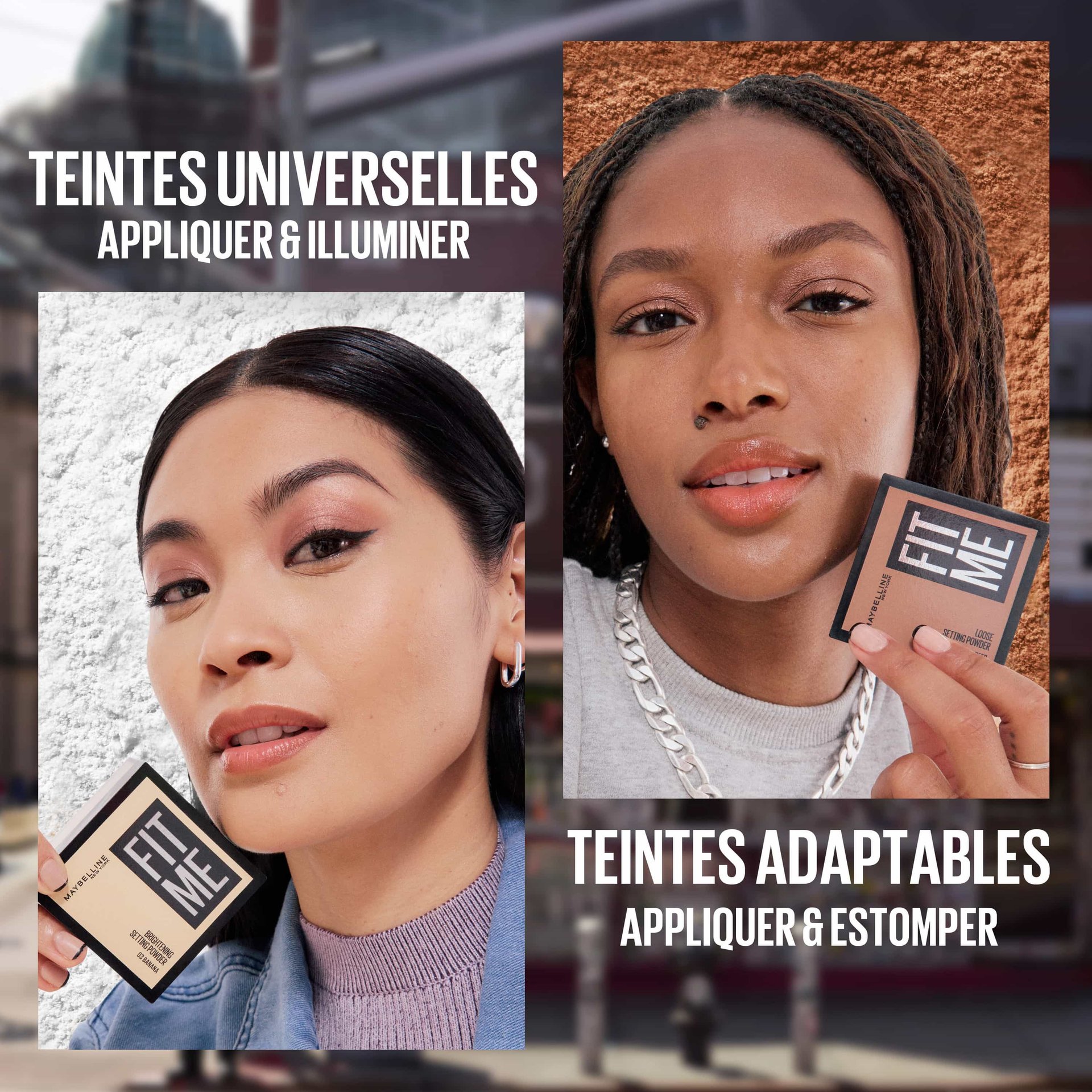Deux femmes tenant la poudre Fit Me Loose Powder de leur teint respectif contre leur menton