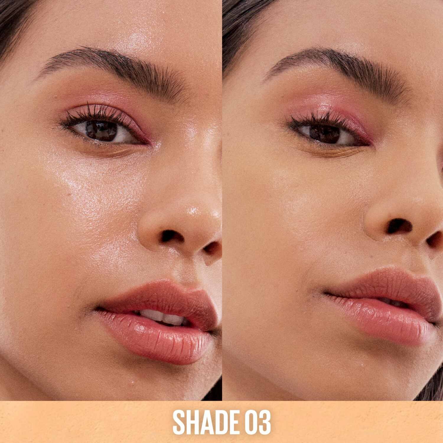 Photo avant-après du visage d'une femme avant et après l'application de la poudre Fit Me Loose