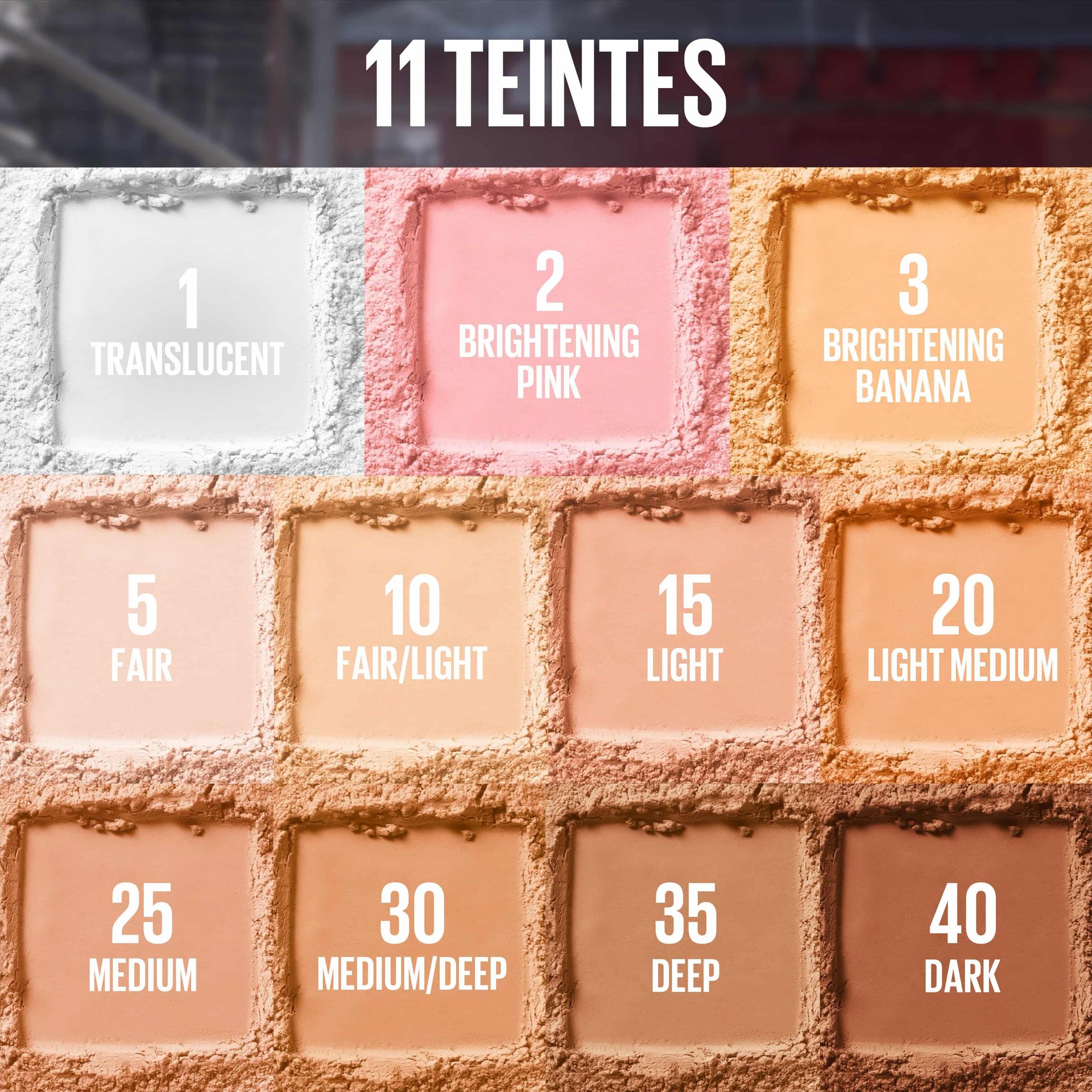 Les 6 nuances de la poudre libre Fit Me, avec leurs noms de couleur, disposées selon une grille 3x2