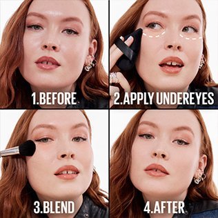 Photo avant-après du visage d'une femme avant et après l'application de la poudre Fit Me Loose