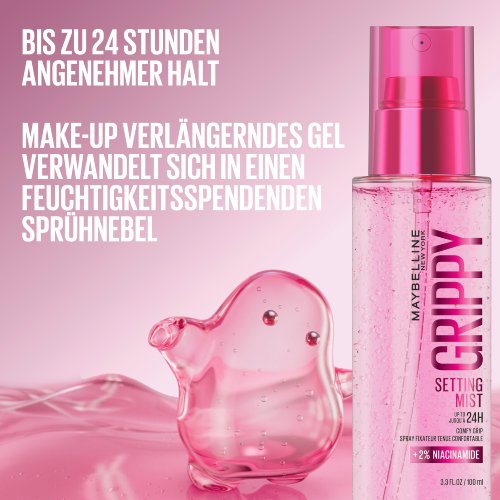 Grippy Serum Mist neme rosa Gespenst und Schriftzug „Bis zu 24 Stunden Angenehmer Halt, Make-up verlängerndes Gel“