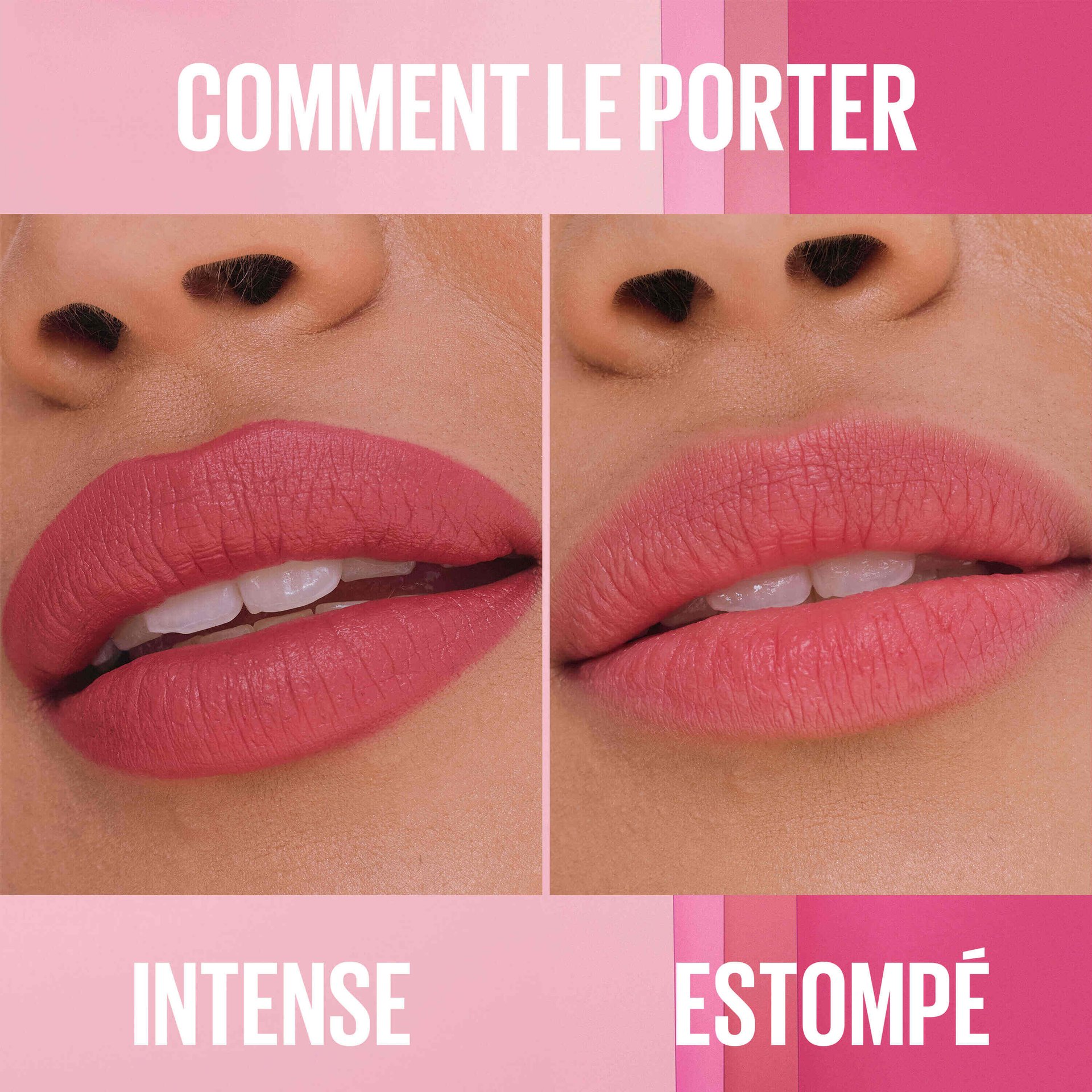 Collage présentant deux façons de porter le rouge à lèvres : à gauche, une application intense pour un résultat sophistiqué ; à droite, une application par tapotements légers pour un fini subtil.