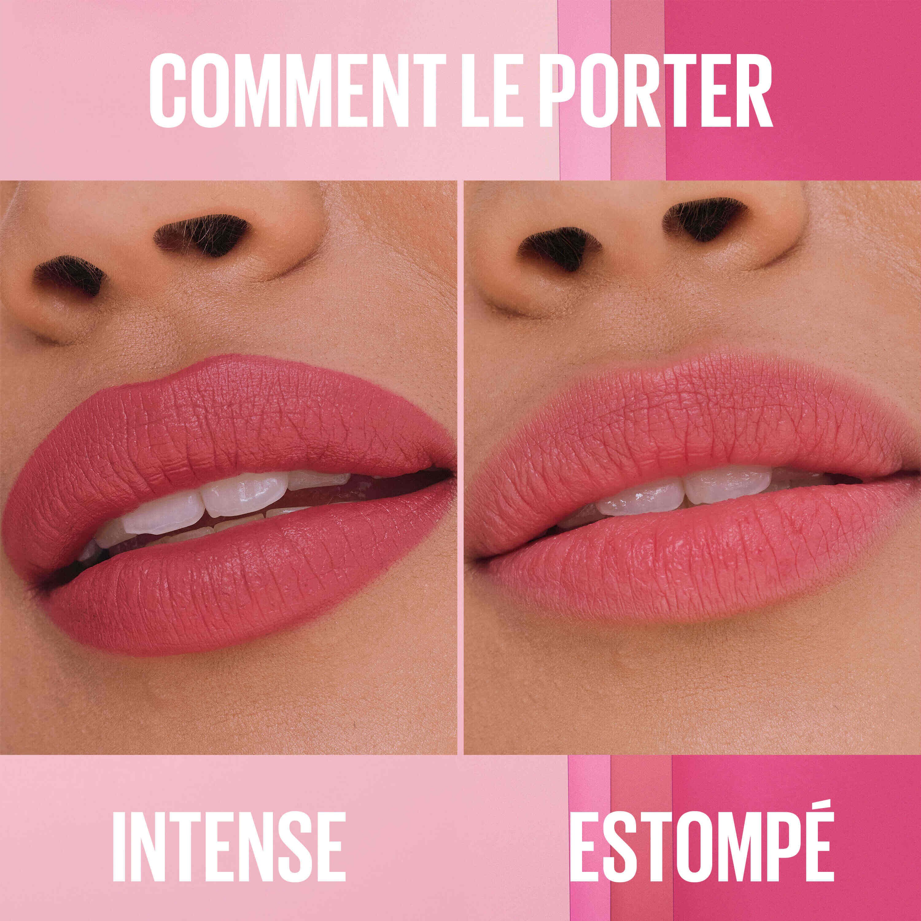 Collage présentant deux façons de porter le rouge à lèvres : à gauche, une application intense pour un résultat sophistiqué ; à droite, une application par tapotements légers pour un fini subtil.
