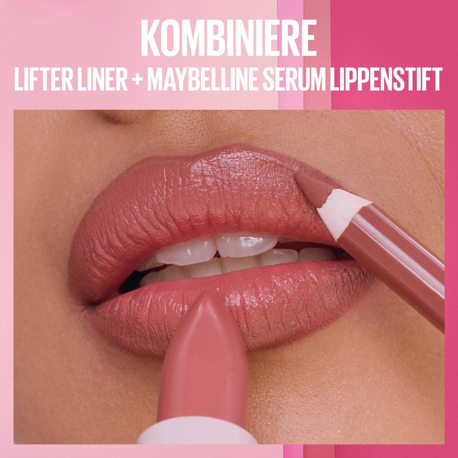 Gros plan sur des lèvres dont le contour est dessiné avec un crayon à lèvres nude, puis comblées avec un rouge à lèvres Serum Lipstick de Maybelline assorti, le tout devant un arrière-plan rose.