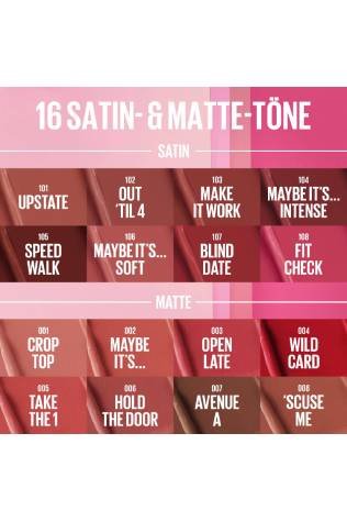 Palette de 16 teintes du Serum Lipstick de Maybelline, répartie en huit nuances satinées et huit nuances mates.