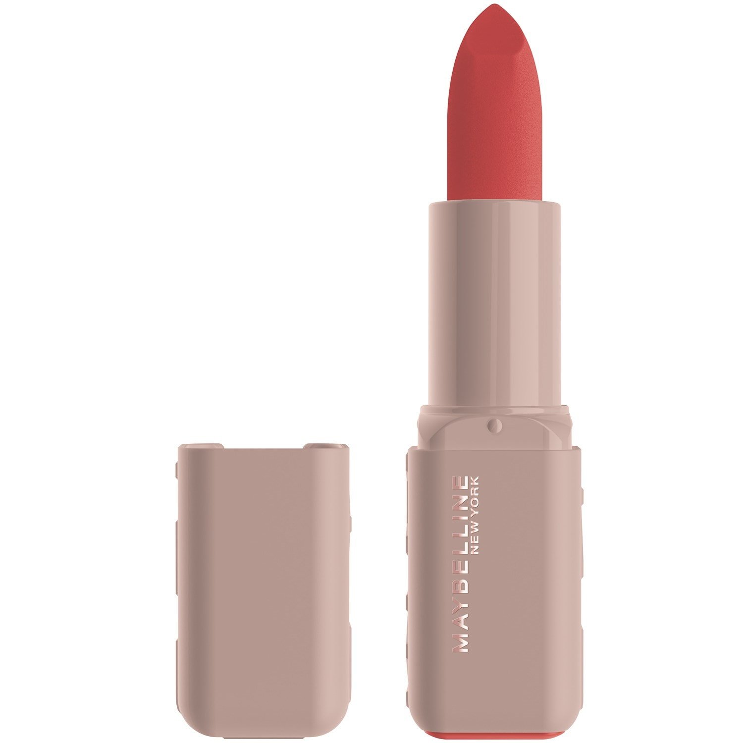 Un rouge à lèvres Serum Lipstick de Maybelline New York ouvert, capot retiré, présenté sur un fond blanc.