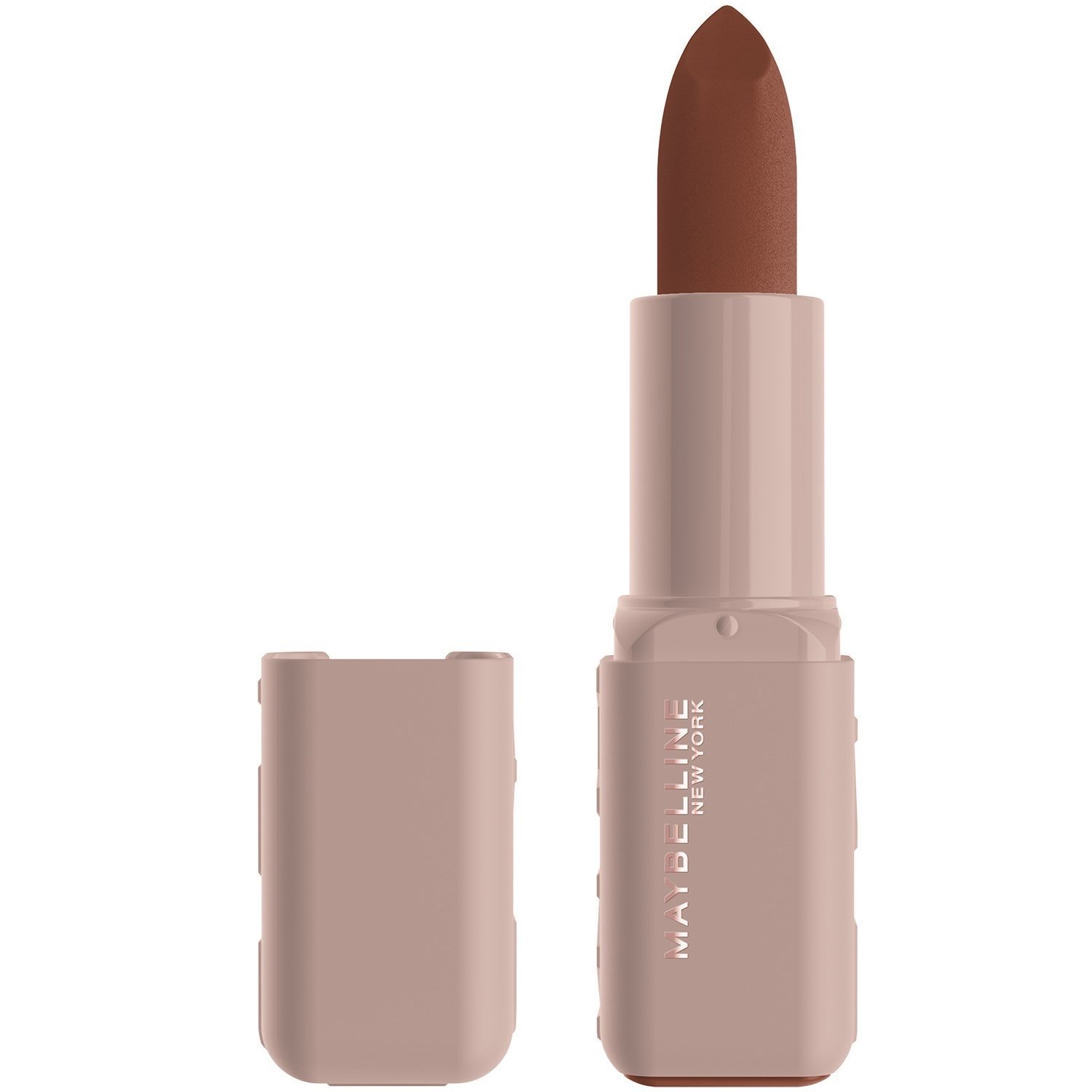 Un rouge à lèvres Serum Lipstick de Maybelline New York ouvert, capot retiré, présenté sur un fond blanc.