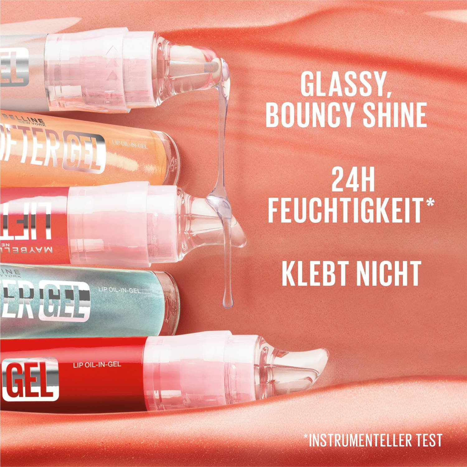 Cinq gels liftants différents portant la mention « Glassy, Bouncy Shine, hydratation 24h*, ne colle pas ».