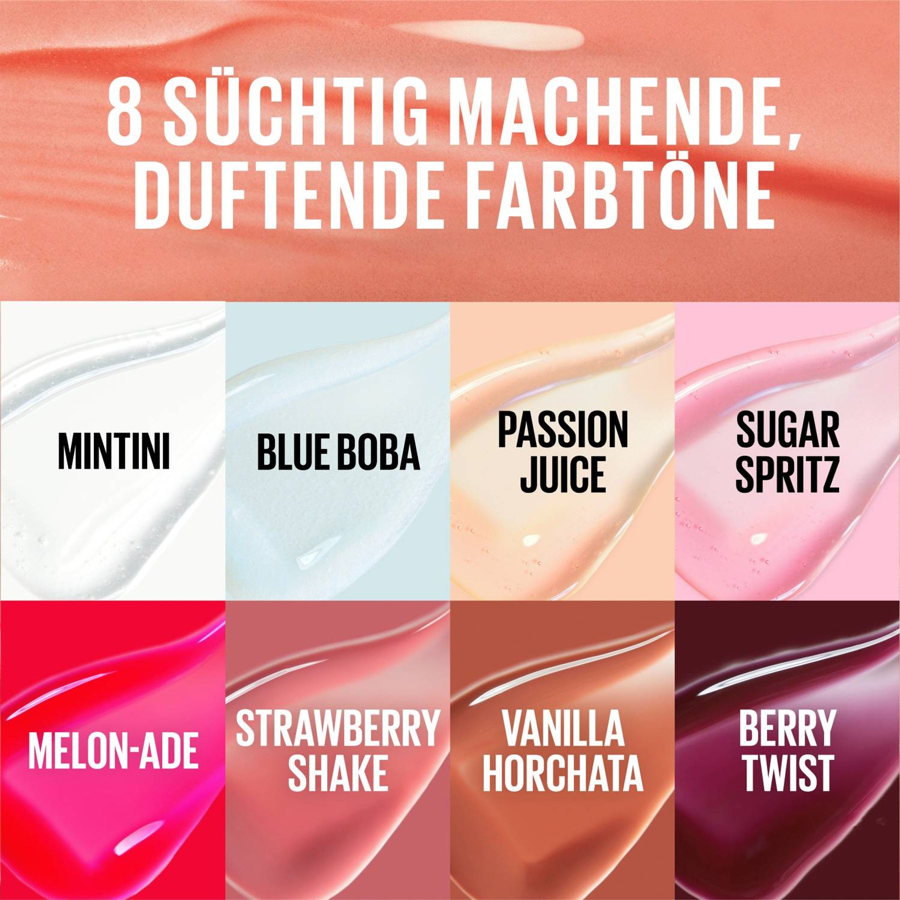 Aperçu des huit teintes différentes du gel Lifter, de Mintini à Berry Twist, avec des échantillons de couleur.