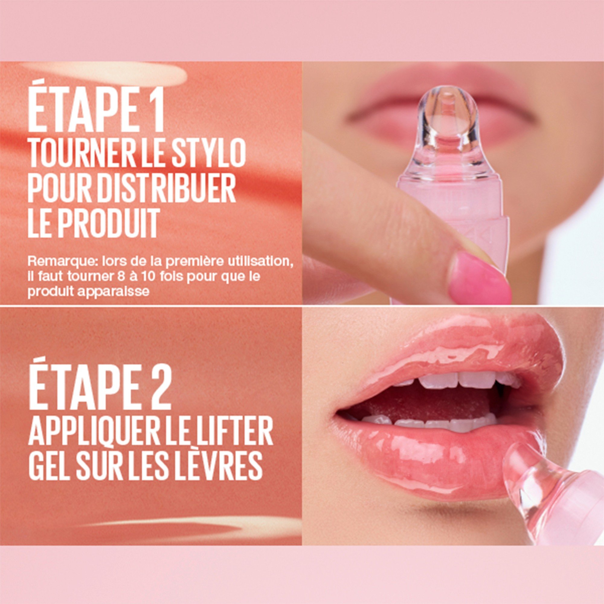 Mode d'emploi en deux étapes : Étape 1 : tourner pour doser, Étape 2 : appliquer sur les lèvres.