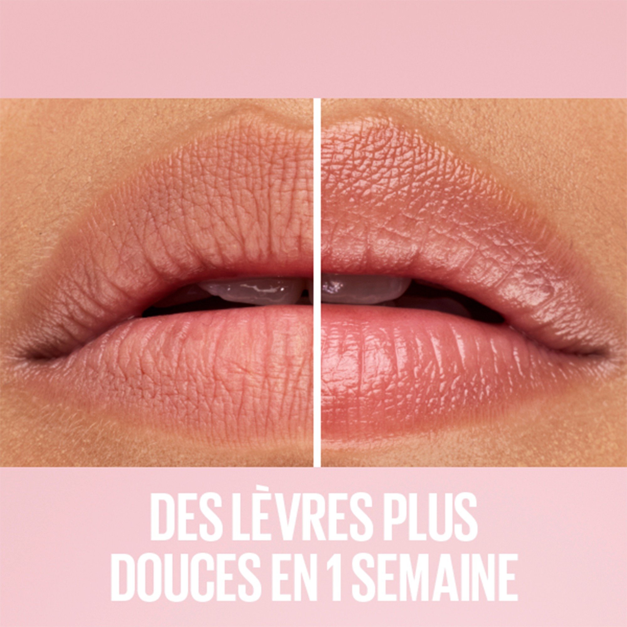 Comparaison avant/après de la texture des lèvres après une semaine, pour des lèvres plus lisses et plus souples.