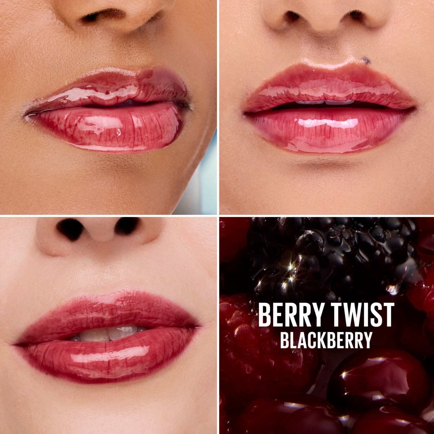 Collage composé de 3 gros plans sur des lèvres avec le gel liftant Berry Twist et d'un gros plan sur le fruit qui a donné son nom au produit.