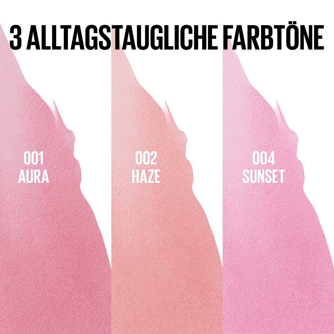 Drei Farbmuster der alltagstauglichen Sahdes des Maybelline Peel Off Lipliner
