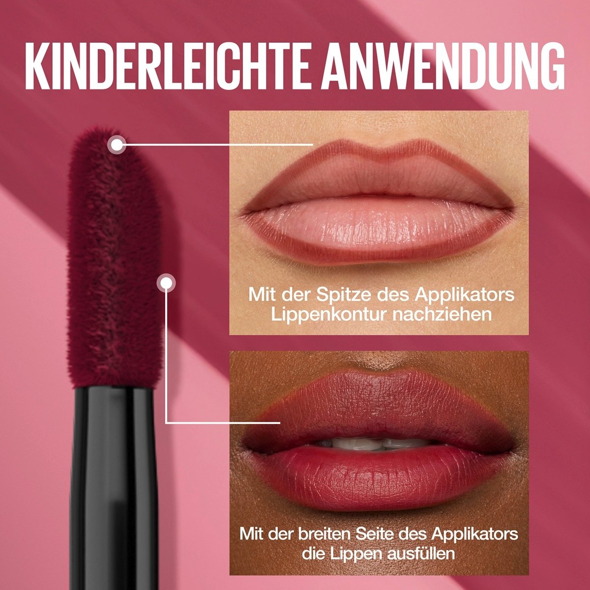 Nahaufnahme des Peel Off Liner Applikators  für die Nutzung der Spitze für die Kontur und der breiten Seite zum Ausfüllen der Lippen