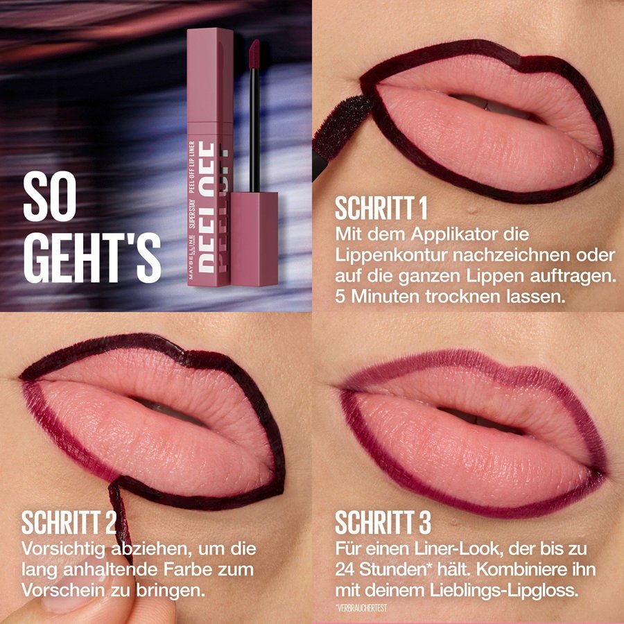 Schritt-für-Schritt-Anleitung  des Peel Off Liners: Auftragen, Trocknen und Abziehen des für ein langanhaltendes Ergebnis