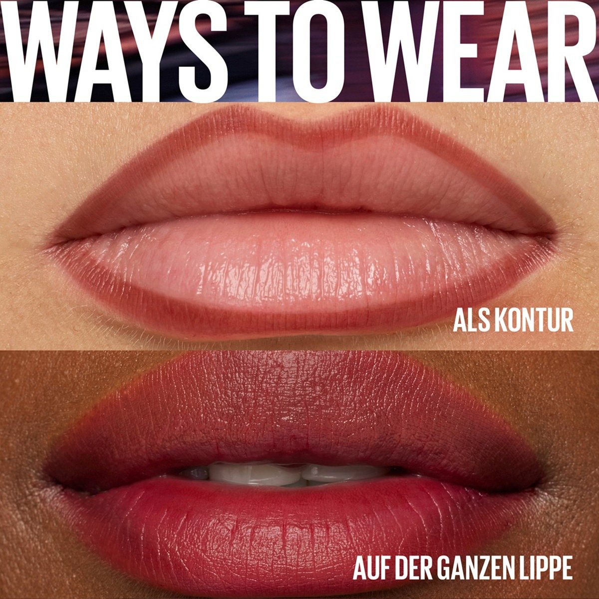 Zwei Lippen-Nahaufnahmen zeigen die vielseitige Anwendung des Produkts als reine Kontur oder vollflächig aufgetragen.