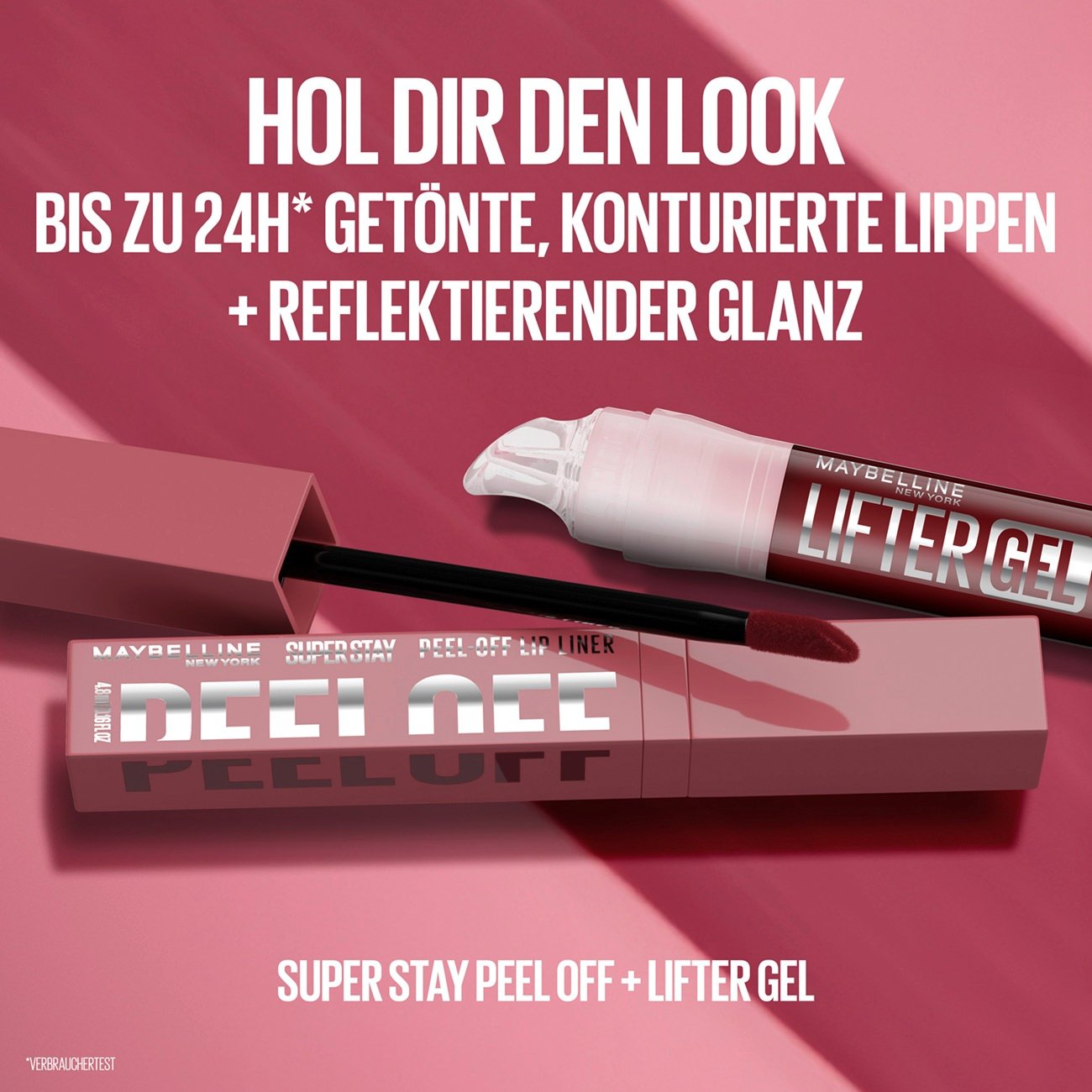 Empfehlung für einen kombinierten Look aus dem Super Stay Peel-Off Lip Liner und dem Maybelline Lifter Gel für zusätzlichen Glanz.