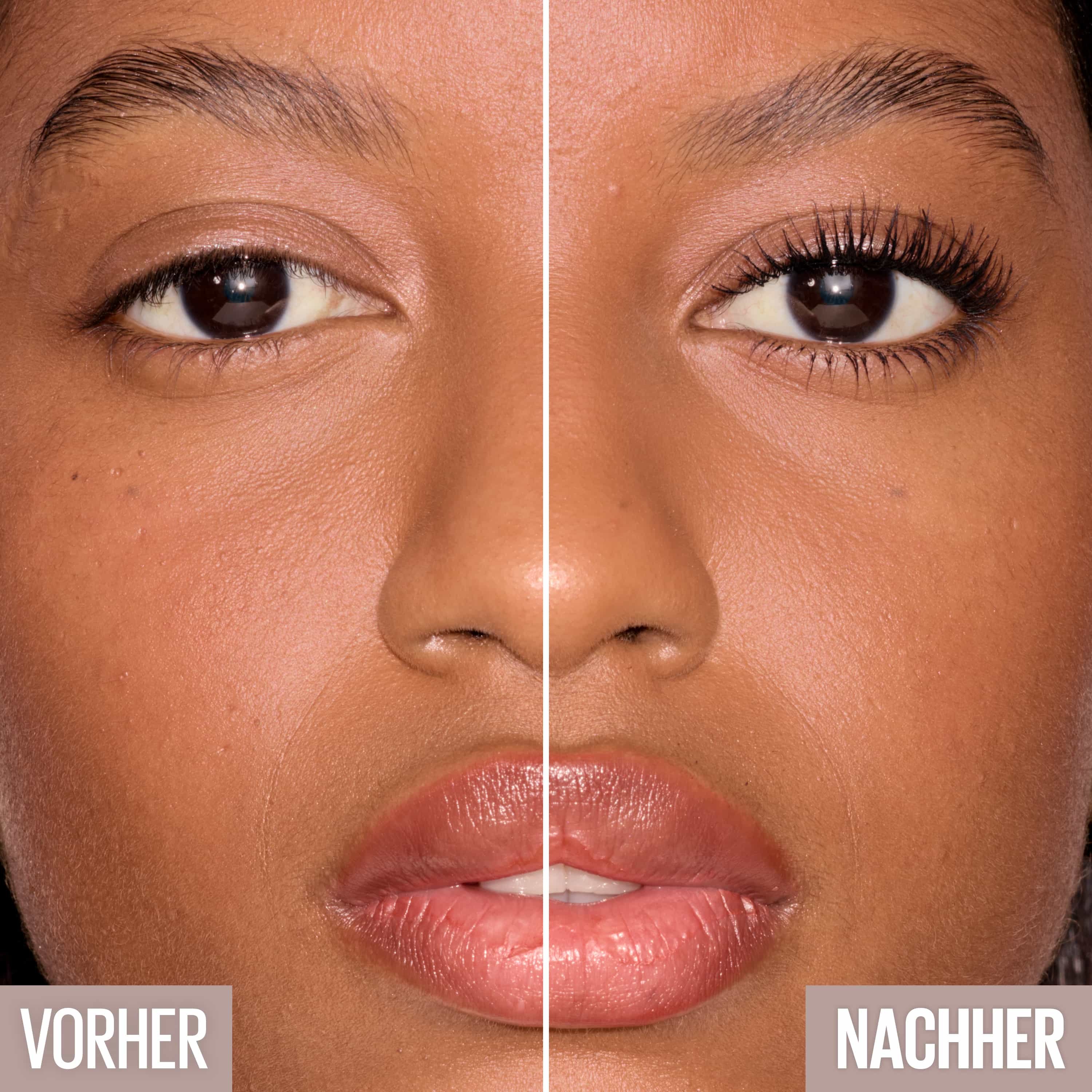 Visuel avant-après montrant le visage d'une femme avant (à gauche) et après (à droite) l'application du mascara Lash Sensational Body.