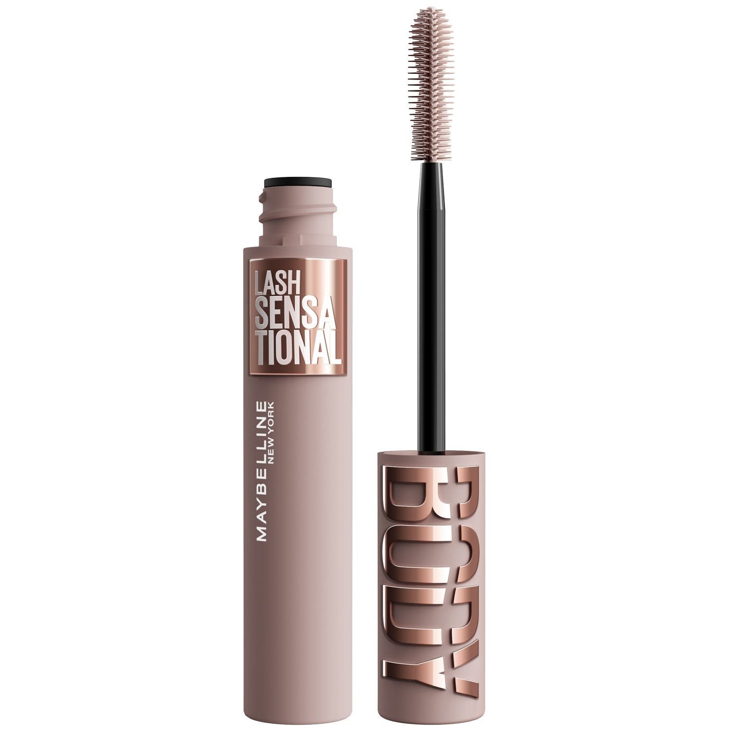Un tube de mascara Lash Sensational Body ouvert avec sa brosse posée verticalement à côté.